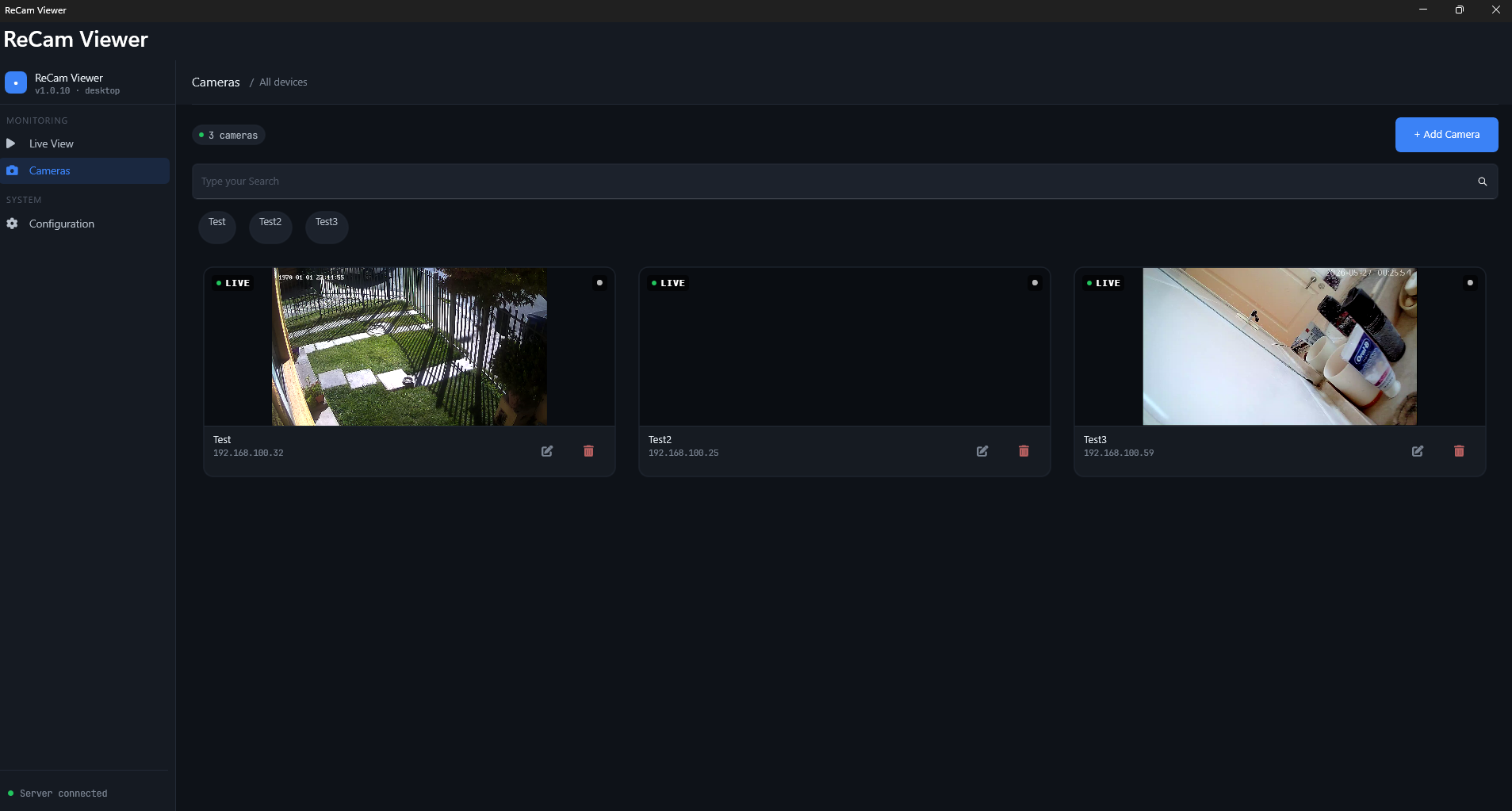 Rekami multi-camera grid showing several live RTSP streams