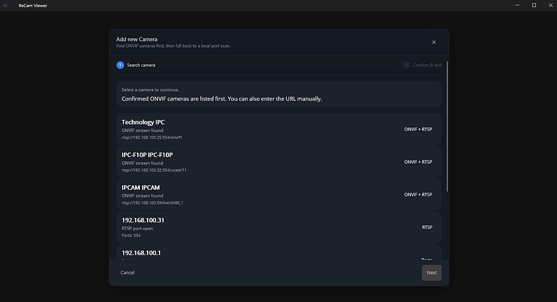 Rekami showing ONVIF cameras detected on the local network