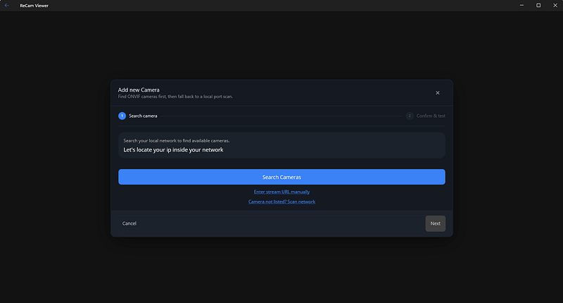 Rekami Add new Camera wizard with the Search Cameras action