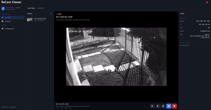 Rekami live view showing an IP camera stream on Windows