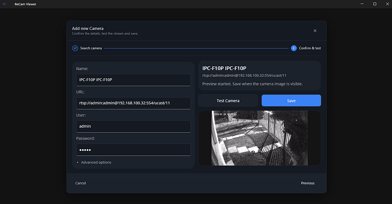Rekami testing an RTSP IP camera stream with username and password